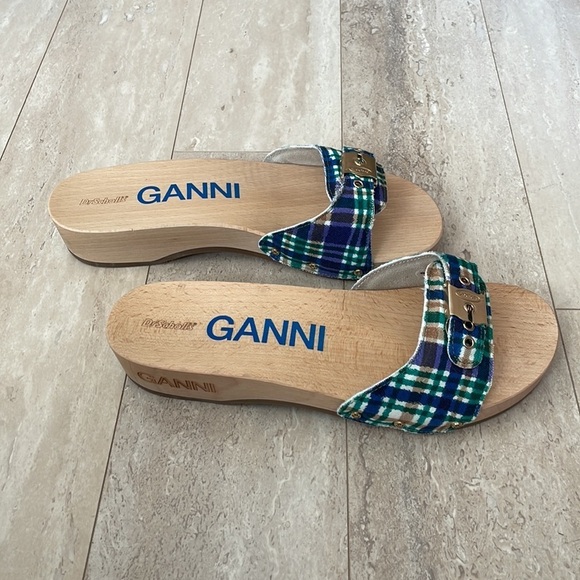 NWT GANNI x Dr. Scholl's Plaid Wooden Clog Sandals Buckle Retro Slides Blue 9 - Picture 7 of 13